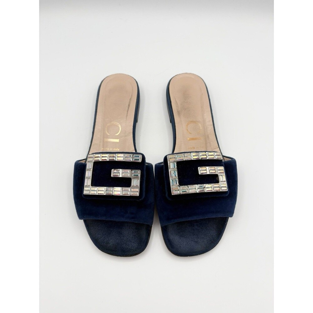 Gucci Blue Velvet Sandals w/ Crystal Embellished Monogram Accent Slides EU 37.5 - Picture 2 of 12